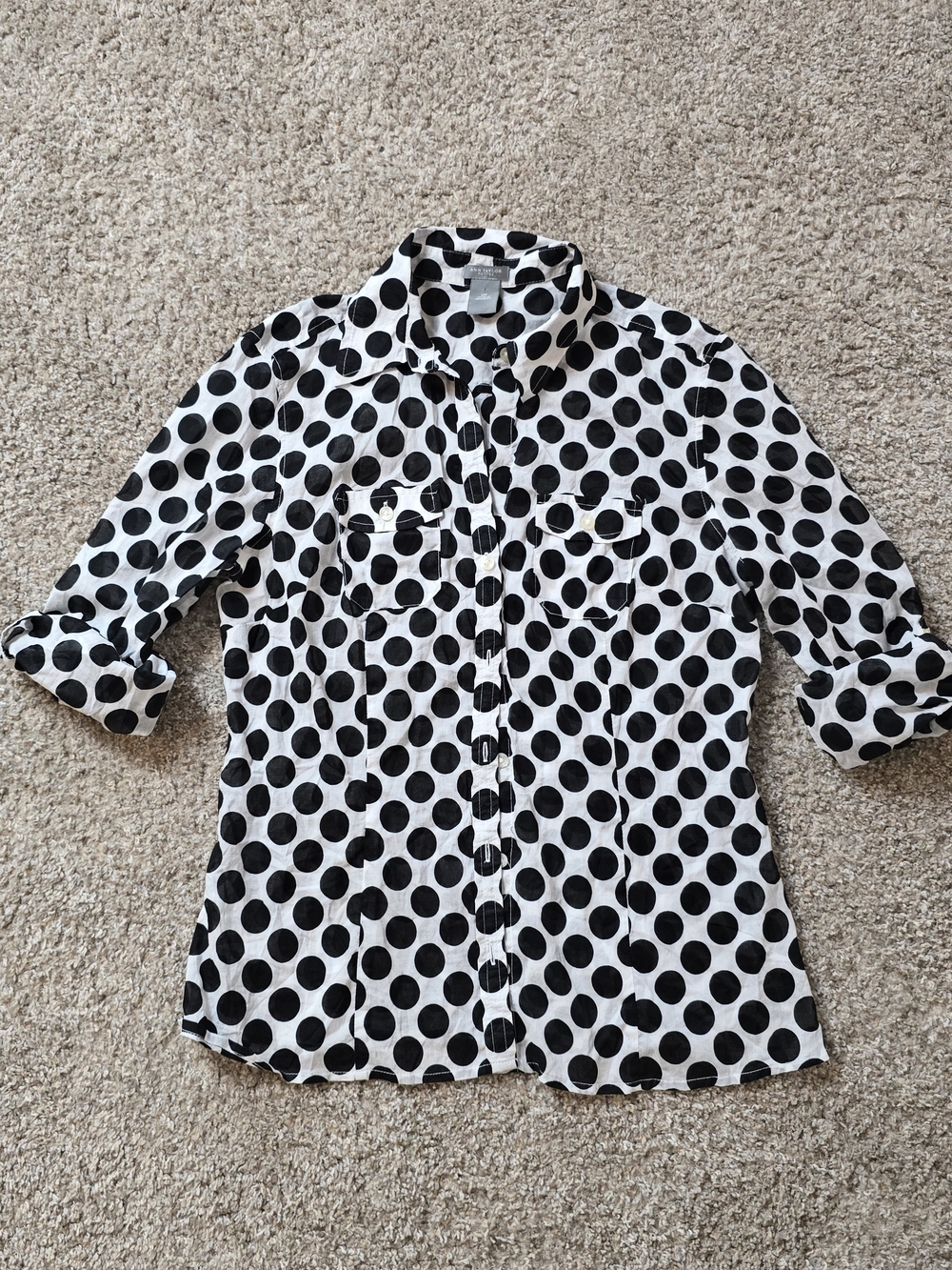 Ann Taylor White/Black 100% Cotton Polka Dot Collared Button-Up Blouse 12P